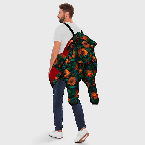 Мужская зимняя куртка Оранжевые цветы и зеленые листья / 3D-Красный – фото 5