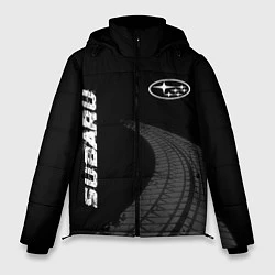Куртка зимняя мужская Subaru speed на темном фоне со следами шин: надпис, цвет: 3D-черный