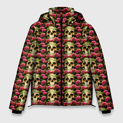Куртка зимняя мужская Черепа с розовыми цветами, цвет: 3D-черный