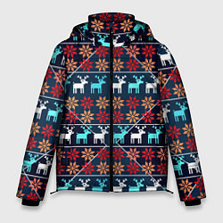 Куртка зимняя мужская Новогодние олени и снежинки узор, цвет: 3D-черный