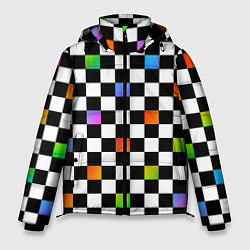 Куртка зимняя мужская Черно-бело-радужная клетка, цвет: 3D-светло-серый