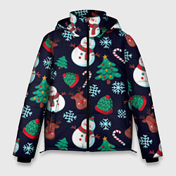 Куртка зимняя мужская Снеговички с рождественскими оленями и елками, цвет: 3D-красный