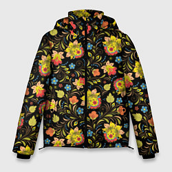 Куртка зимняя мужская Хохломская роспись разноцветные цветы, цвет: 3D-черный