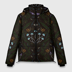 Куртка зимняя мужская Волшебный лес, грибы, улитки и мотыльки - паттерн, цвет: 3D-черный