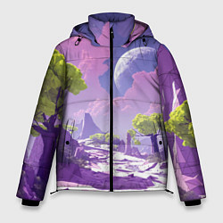 Куртка зимняя мужская Фиолетовые горы зеленые деревья и космос, цвет: 3D-красный