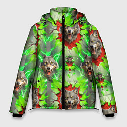 Куртка зимняя мужская Волки из зеленого паттерна, цвет: 3D-светло-серый
