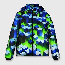 Куртка зимняя мужская Синие блоки в зеленом тумане, цвет: 3D-черный