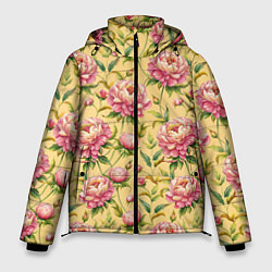 Куртка зимняя мужская Крупные пионы садовые цветы бутоны паттерн, цвет: 3D-светло-серый