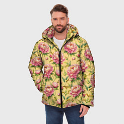 Куртка зимняя мужская Крупные пионы садовые цветы бутоны паттерн, цвет: 3D-светло-серый — фото 2