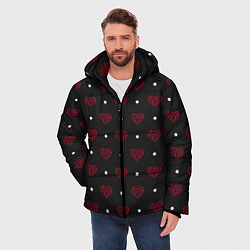 Куртка зимняя мужская Красные сердечки и белые точки на черном, цвет: 3D-черный — фото 2