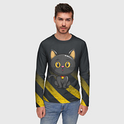 Лонгслив мужской Черный кот желтые полосы, цвет: 3D-принт — фото 2