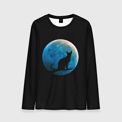 Лонгслив мужской Силуэт кота на фоне синей луны, цвет: 3D-принт