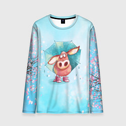Мужской лонгслив Свинка под зонтиком в дождь