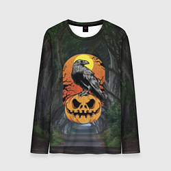 Лонгслив мужской Ворон, сидящий на тыкве - Halloween, цвет: 3D-принт