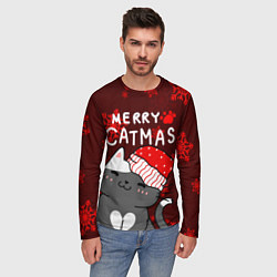 Лонгслив мужской Новогодние снежинк и котик в шапочке, цвет: 3D-принт — фото 2