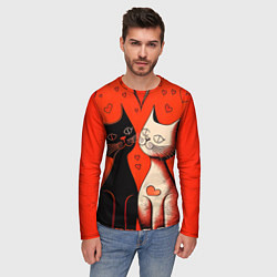 Лонгслив мужской Влюблённые кошки на красном фоне, цвет: 3D-принт — фото 2