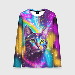 Мужской лонгслив Полосатый кот с разноцветной звездной туманностью