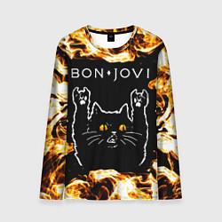 Лонгслив мужской Bon Jovi рок кот и огонь, цвет: 3D-принт