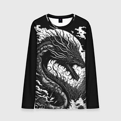 Лонгслив мужской Черно-белый дракон и волны, цвет: 3D-принт