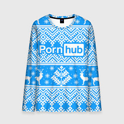 Лонгслив мужской Порнхаб - новогодний синий паттерн, цвет: 3D-принт