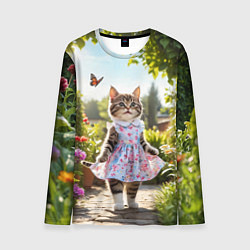 Мужской лонгслив Кошка в летнем платье в саду