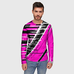 Лонгслив мужской Чёрно-белые глитч полосы на розовом фоне, цвет: 3D-принт — фото 2