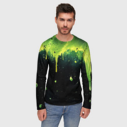 Лонгслив мужской Зеленая стекающая краска по черному фону, цвет: 3D-принт — фото 2