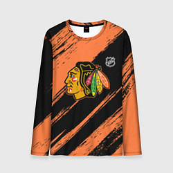 Лонгслив мужской Чикаго Блэкхокс - фон с оранжевыми потертостами, цвет: 3D-принт