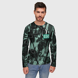 Лонгслив мужской Номер 456 на фоне масок игры в кальмара, цвет: 3D-принт — фото 2