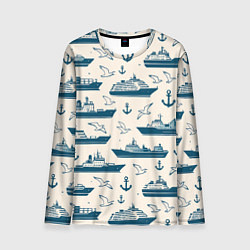 Лонгслив мужской Морской паттерн из чаек, якорей и кораблей, цвет: 3D-принт