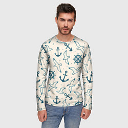 Лонгслив мужской Морской паттерн из штурвалов, чаек и якорей, цвет: 3D-принт — фото 2