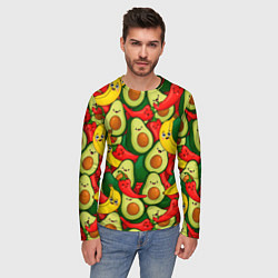 Лонгслив мужской Авокадо, бананы, перцы чили улыбаются - паттерн фр, цвет: 3D-принт — фото 2