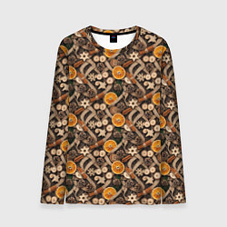 Лонгслив мужской Новогодний орнамент с корицей и дольками апельсина, цвет: 3D-принт