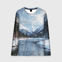 Лонгслив мужской Снежный горный пейзаж с елями и рекой, цвет: 3D-принт