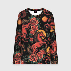 Лонгслив мужской Красная лошадь с розами, цвет: 3D-принт