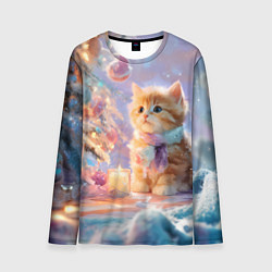 Мужской лонгслив Маленький котенок встречает Новый год