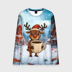 Мужской лонгслив Уставший новогодний олень с кофе