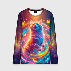 Мужской лонгслив Игривый кот в неоновых всполохах