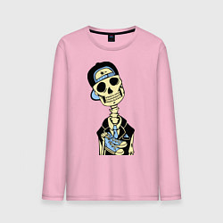 Лонгслив хлопковый мужской Скелет в кепке цвета светло-розовый — фото 1