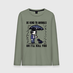 Лонгслив хлопковый мужской Be kind to animals or I'll kil, цвет: авокадо