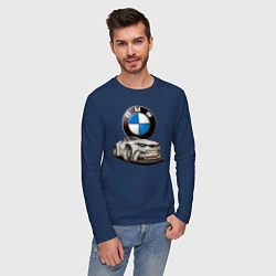 Лонгслив хлопковый мужской BMW оскал, цвет: тёмно-синий — фото 2