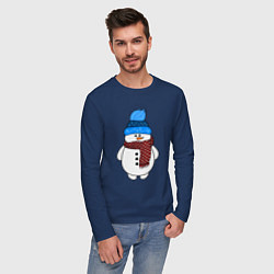 Лонгслив хлопковый мужской Снеговик в шапочке цвета тёмно-синий — фото 2