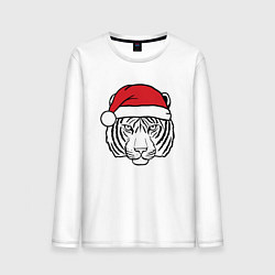 Лонгслив хлопковый мужской Тигр в новогодней шапке, цвет: белый