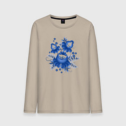 Лонгслив хлопковый мужской Голубой орнамент Гжель, цвет: миндальный