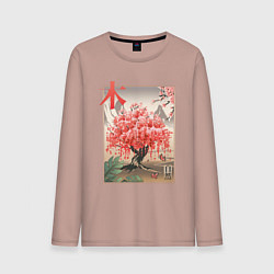 Лонгслив хлопковый мужской Цветущая Сакура Япония, цвет: пыльно-розовый