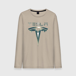 Лонгслив хлопковый мужской Tesla Logo Тесла Логотип Карбон, цвет: миндальный
