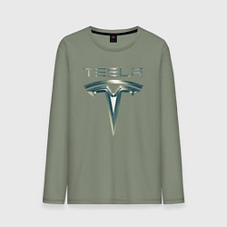 Лонгслив хлопковый мужской Tesla Logo Тесла Логотип Карбон, цвет: авокадо