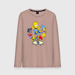 Лонгслив хлопковый мужской Персонажи из мультфильма Симпсоны прыгают на батут, цвет: пыльно-розовый