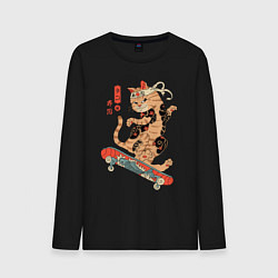 Лонгслив хлопковый мужской Кот самурай скейтбордист, цвет: черный