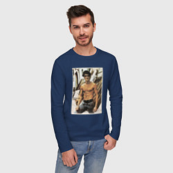 Лонгслив хлопковый мужской Брюс Ли - ретро постер, цвет: тёмно-синий — фото 2